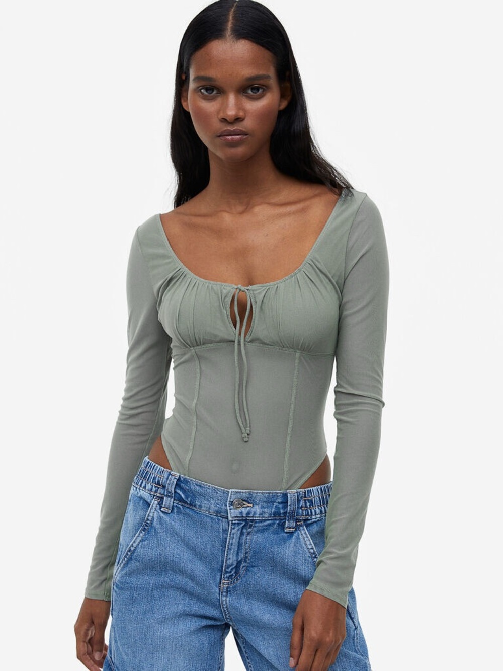 H&M Sage Green Mesh Sweetheart Neckline Tie Front Bodysuit Size M